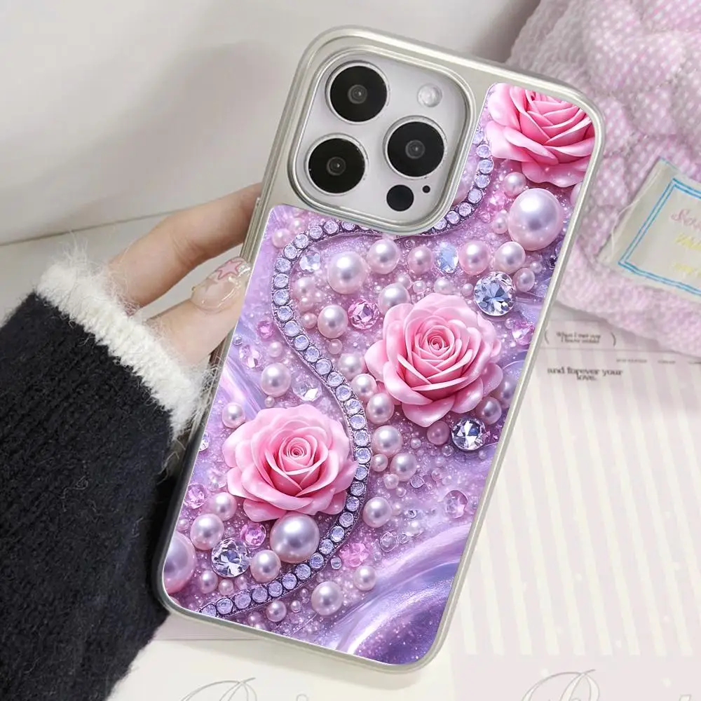 

Luxury Pearl Flowers Phone Case for iPhone 17 16 15 14 13 12 11 Air Pro Max Plus Electroplated Silver Cover