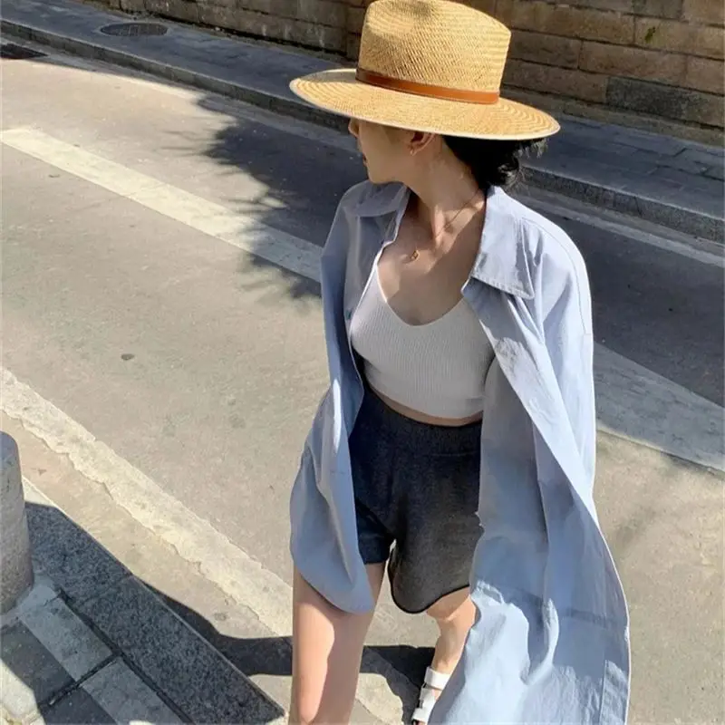 French Blue Long Sleeved Sun Protection Shirt Jacket for Women 2024 Spring and Autumn New Versatile Small and Loose Fitting top