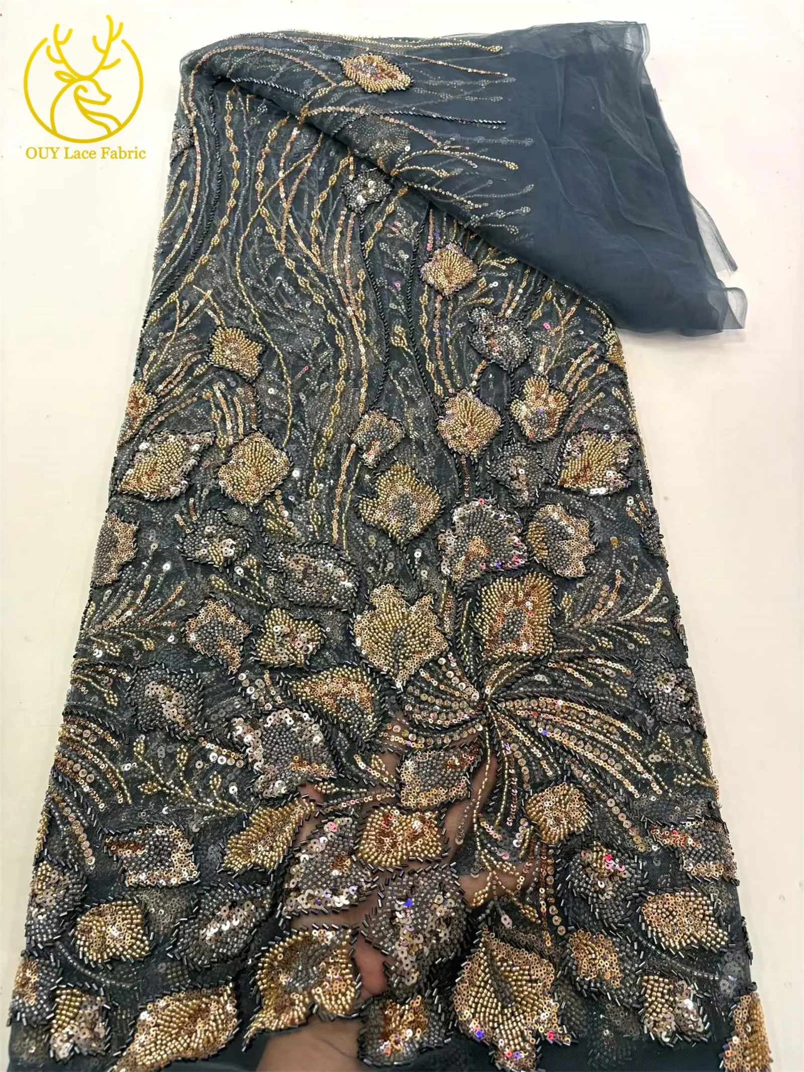 Großhandel Nigerianischer Brautkleid-Spitzenstoff 2026 Luxuriöse Französische Afrikanische Pailletten-Tüllspitze für Hochzeitskleider und Partykleider zum Nähen – Detail 14