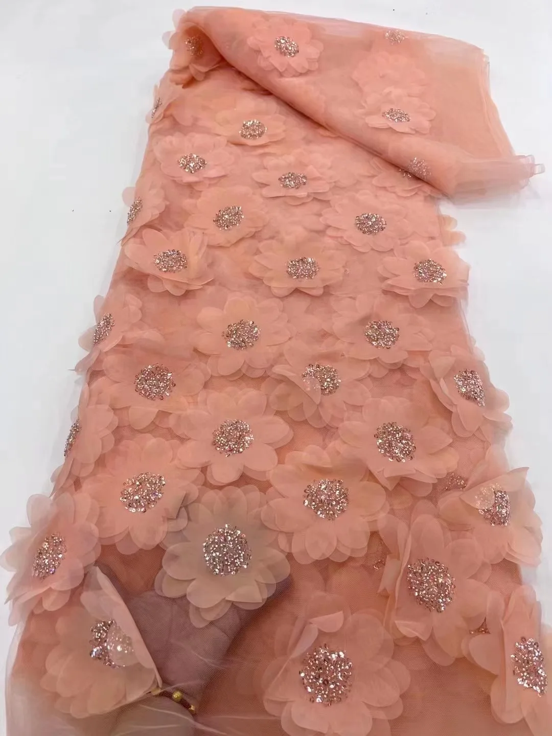 

African Lace Fabric 2023 Peach High Quality French 3D Flower Sequins Embroidery Beads Tulle Lace Fabric For Party Dress