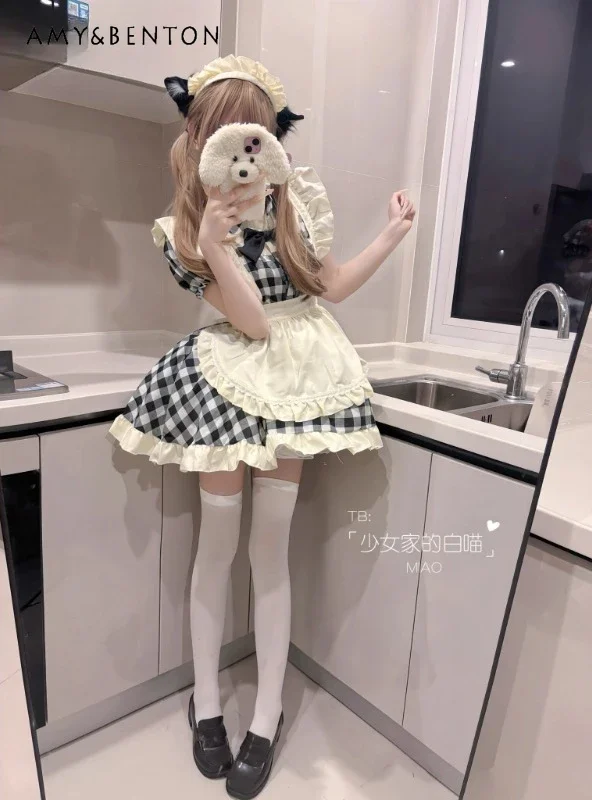 

2024 Japanese Summer and Autumn Black and White Color Matching Plaid Cute Half Open Neck Two-dimensional Lolita Dress For Women