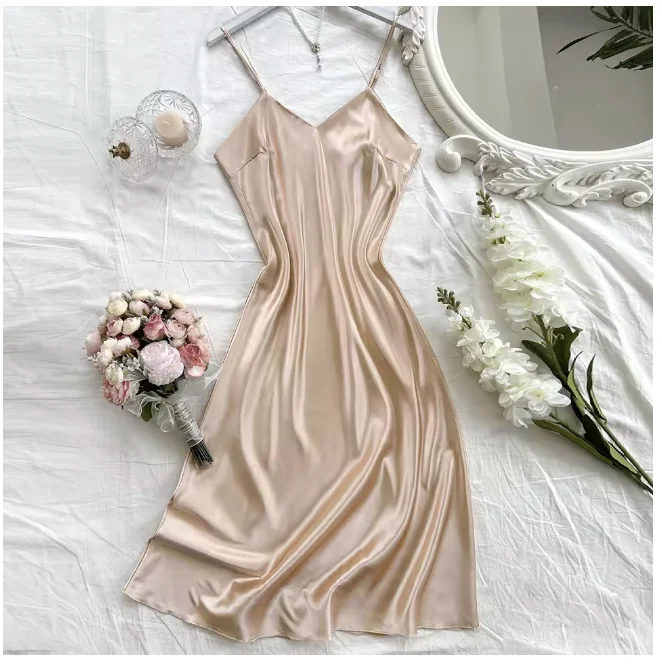 Elegante camisón de noche para mujer, sexy, cómodo y de corte largo, pijama de color liso para mujer.