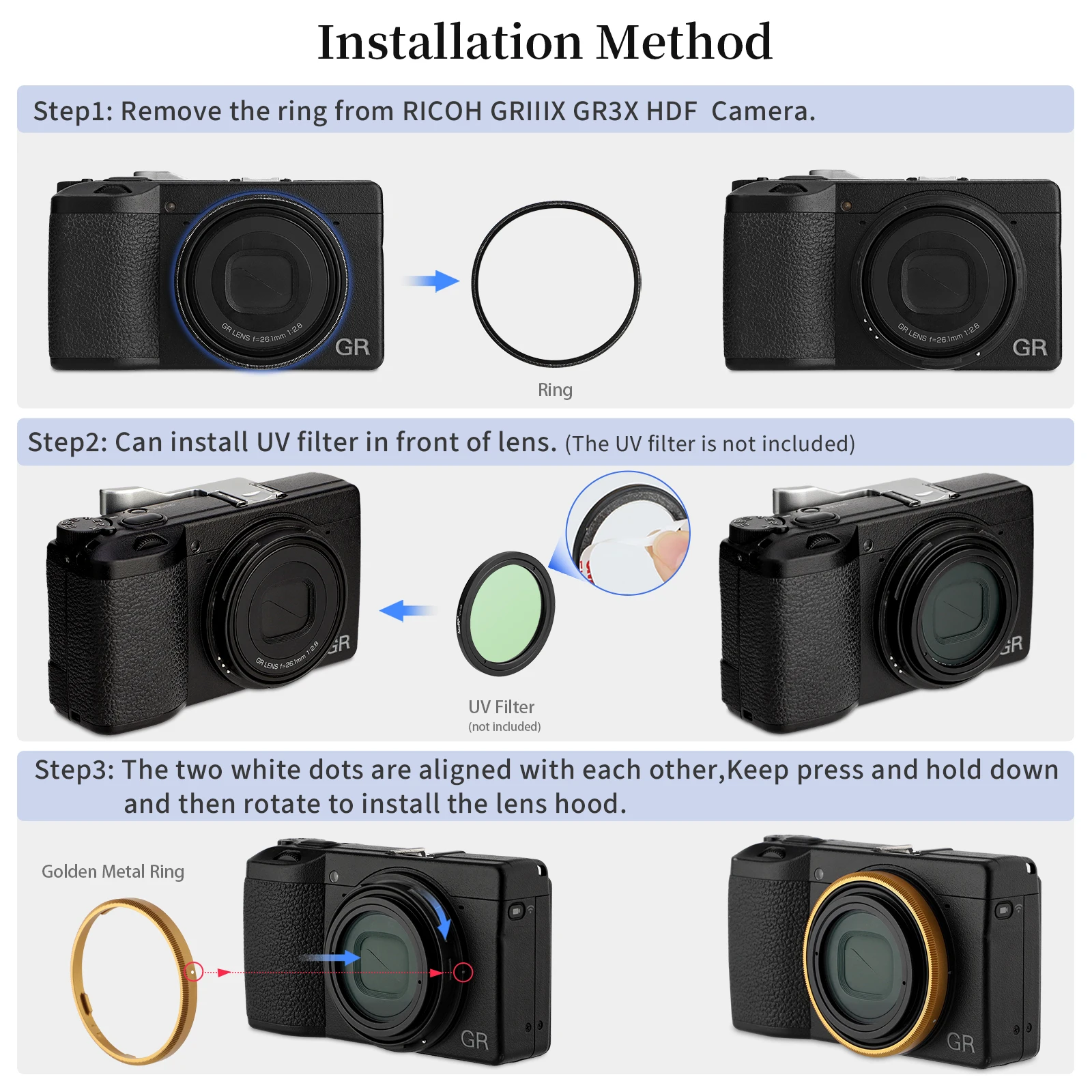 Haoge – bague de décoration en métal doré RRC-GR3Xk, pour caméra RICOH GR3X/GRIIIX, remplace GN-2