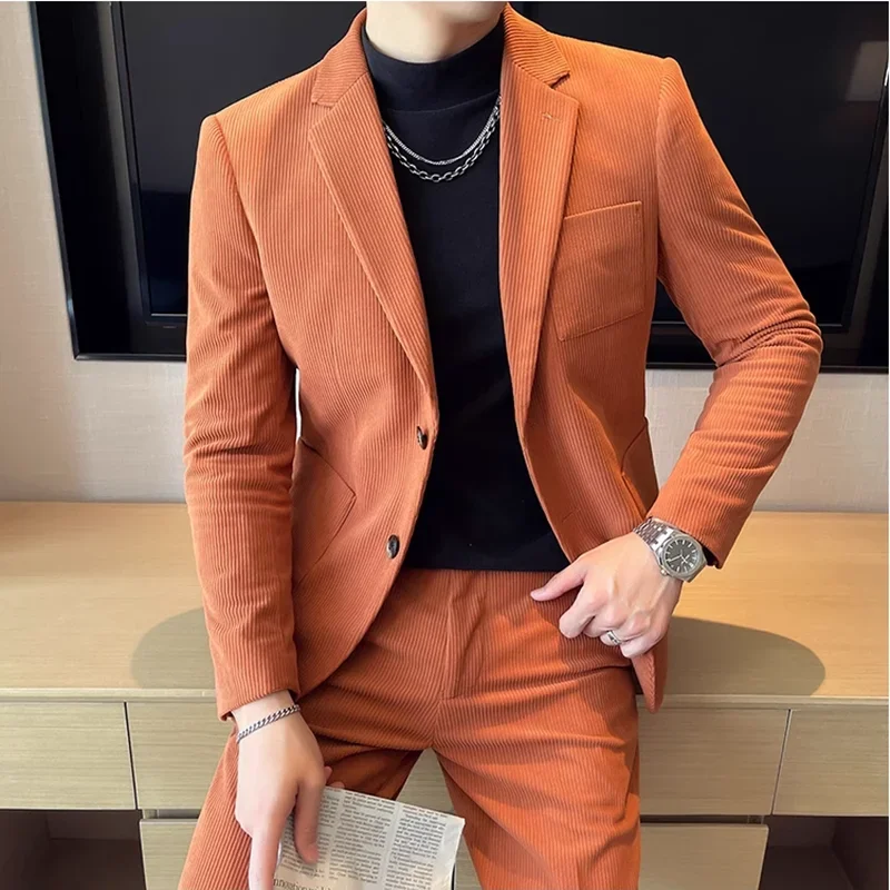 

( Jacket + Pants ) 2024 Autumn Winter Latest Design Corduroy Men Suit Wedding Party Singer Groom Costume Tuxedos Homme 2Pcs Sets