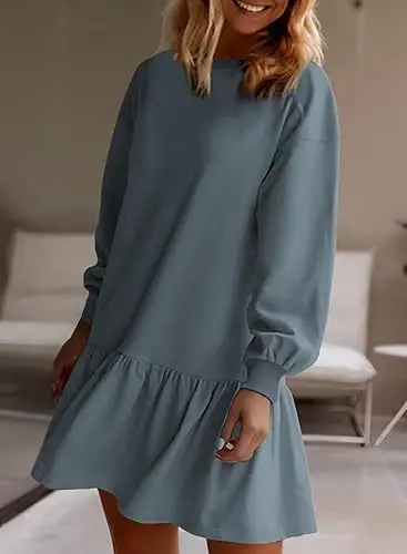 Casual Loose Sweatshirt Mini Dresses For Women With Long Sleeves And Ribbed Crewneck Pullover Styles Ruffle Sweatshirts Dress