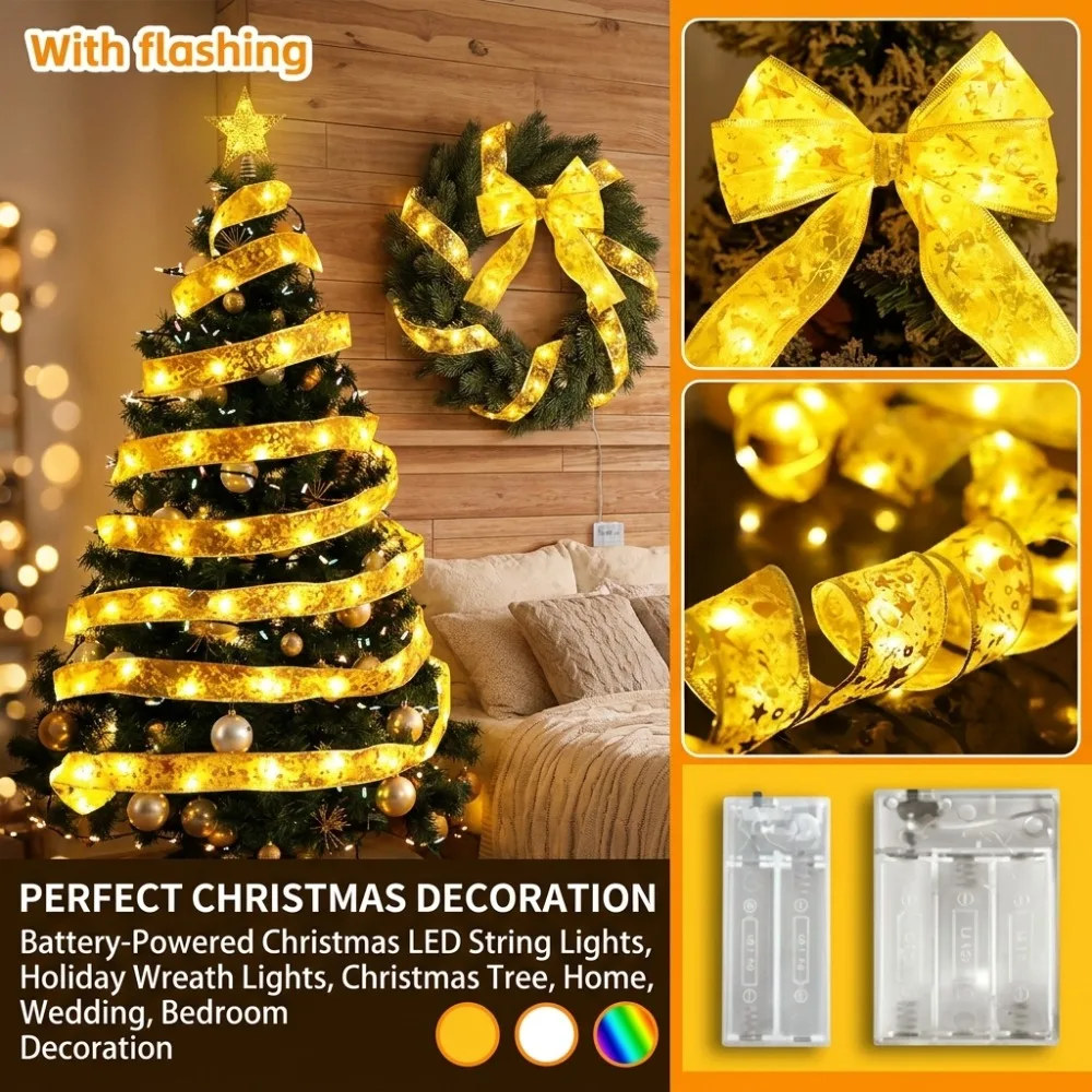 Battery Powered Gold Flash Ribbon Christmas Tree Lights Warm White for Wreath Home Wedding Bedroom Festive Room Window Decor