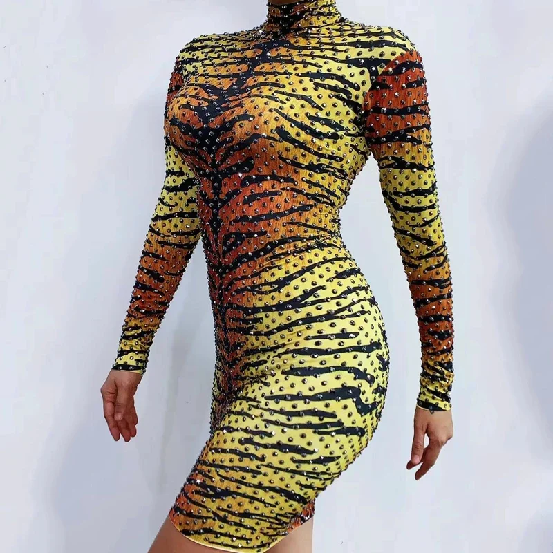Women Dance Costume Long Sleeves Animal Pattern Diamonds Dress Birthday Celebrate Outfit Stage Singer Dancer Prom Dresses XS1121