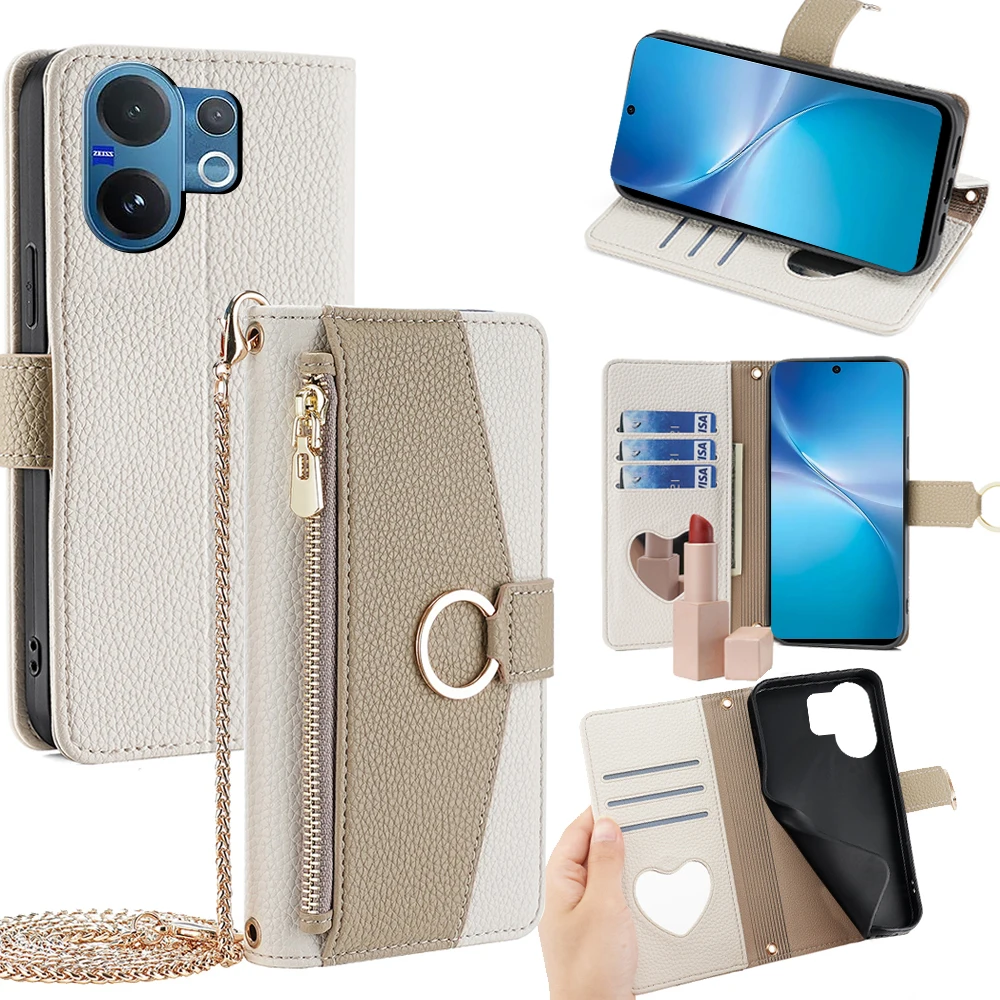 

Кожаный чехол-кошелек для VIVO V60 5G/V60 Lite 2025, раскладной чехол для телефона, полное покрытие с цепочкой, слотами для карт