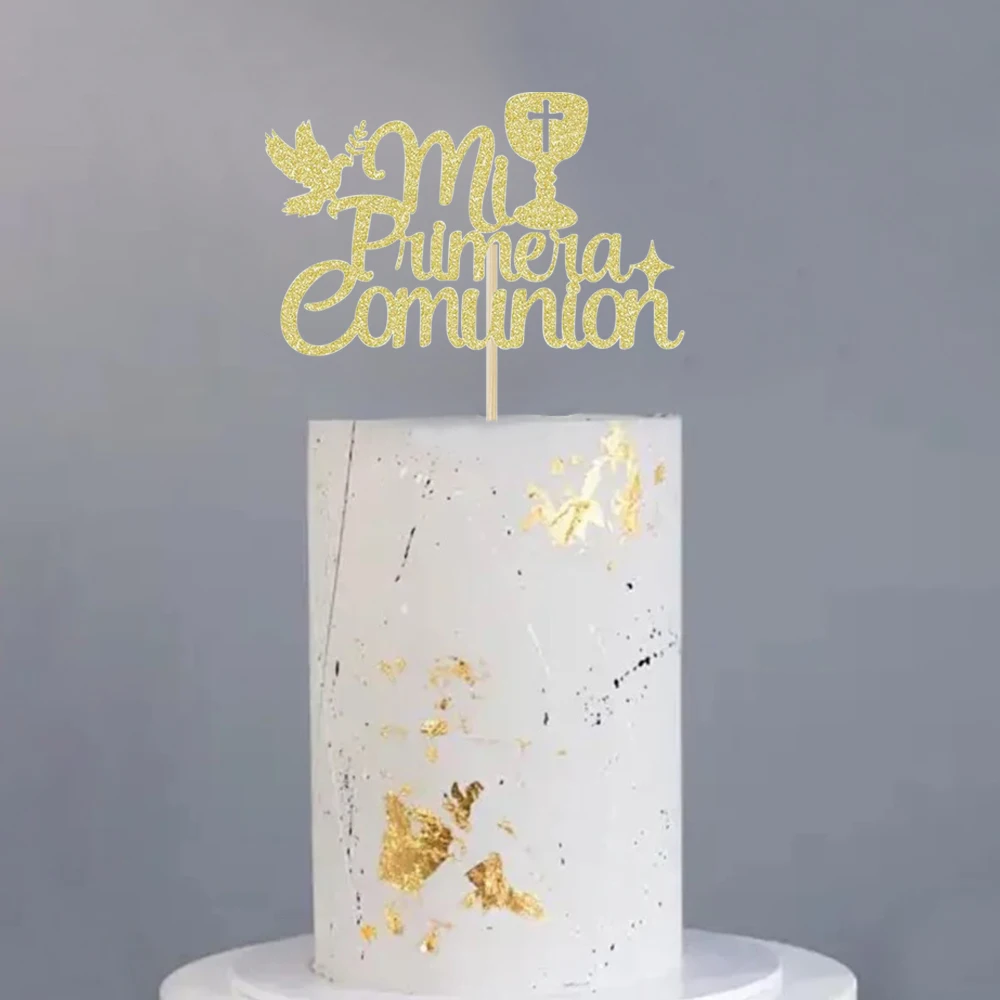 5 Stück Goldene Kreuz-Kommunion-Glitzer-Kuchendekoration für Babyparty Geburtstagstorten-Dekoration Taufe Feiern – Detail 5