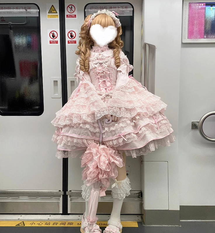 Abito con bretelle stile Lolita rosa per ragazze giapponesi Jsk Abito da principessa dolce Kawaii quotidiano da donna Top con maniche Ji