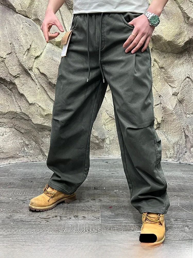 Warm Fleece Lined Casual Pants Loose Fit High Waist Straight Leg Cotton Blend Washed Pure Color Youth Fashion Winter Wear