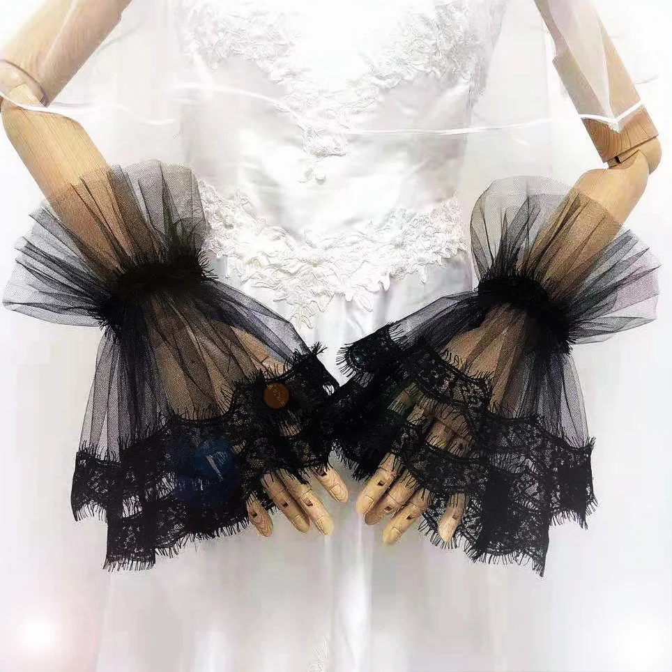 เซ็กซี่ลูกไม้ลายดอกสั้นถุงมือ Ruffled Sheer Tulle ผู้หญิงถุงมือเจ้าสาว Party เครื่องแต่งกายแฟนซีปลอมหญิงแขน ST316