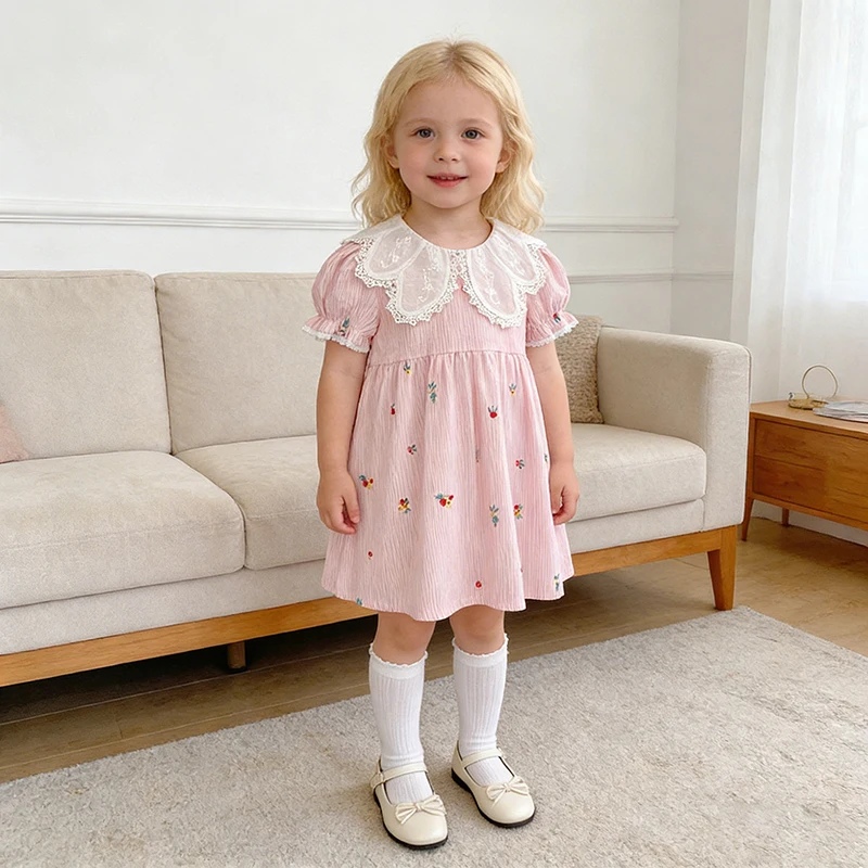Koreanischer Stil Mädchenkleid aus Reiner Baumwolle mit Besticktem Blütenblatt-Kragen und Kurzen Ärmeln, 2-6 Jahre, Vielseitige Süße Röcke für den Sommer