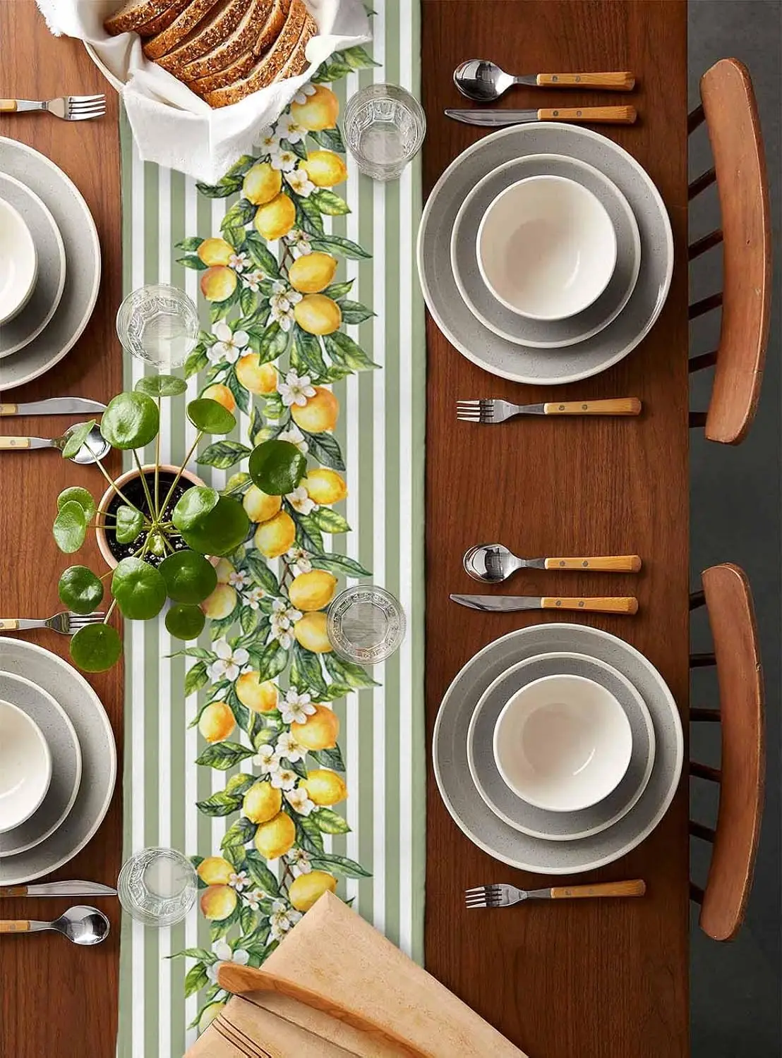 الصيف الليمون الفاكهة الزهور الكتان الجدول عداء مضمد وشاح ديكور أخضر أبيض مخطط الجدول العدائين عطلة المطبخ حزب ديكور