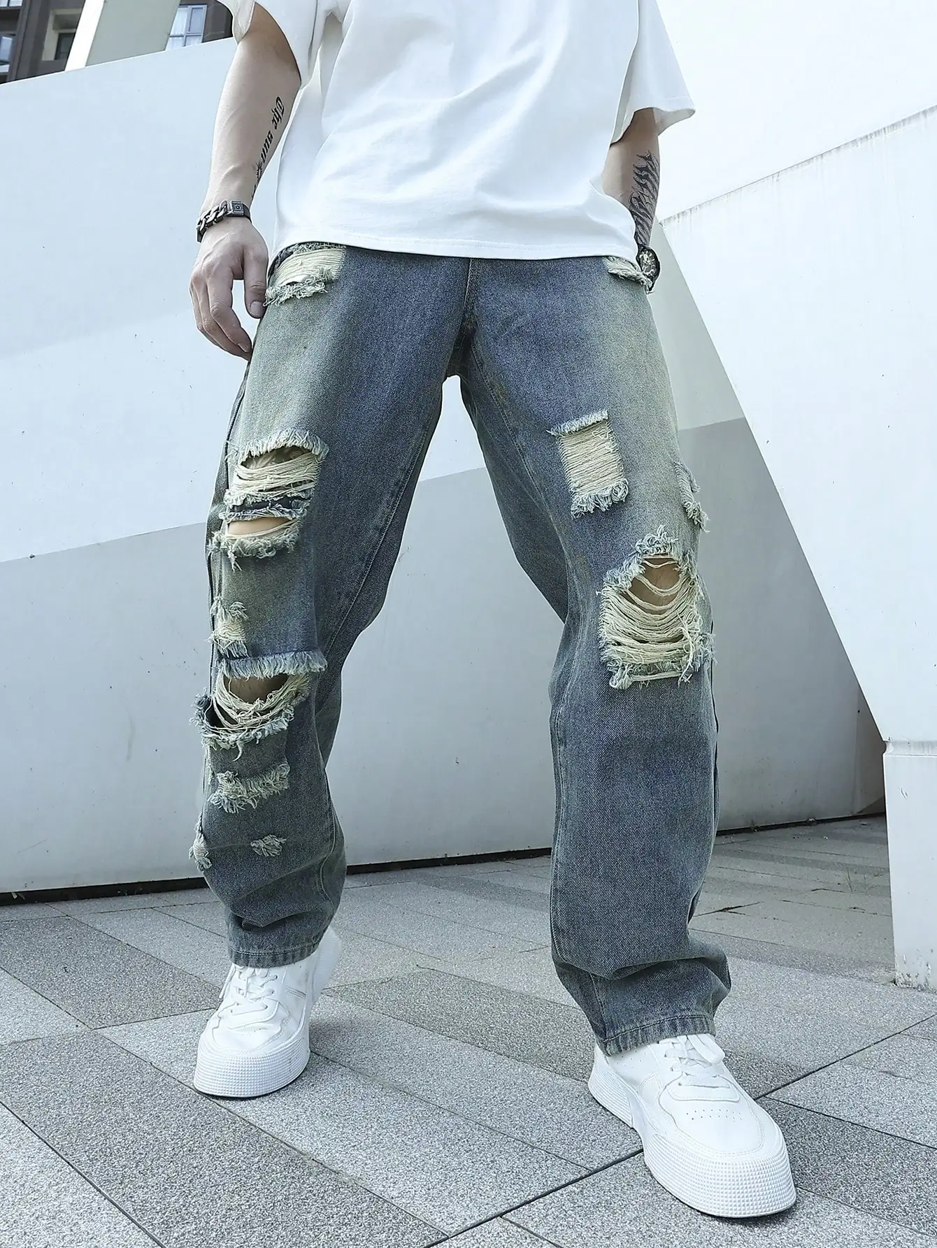 Vintage Men Ripped Baggy Jeans Destroyed Straight Jeans Distressed Frayed Hole Denim Pants Hip Hop Y2K Streetwear Trousers