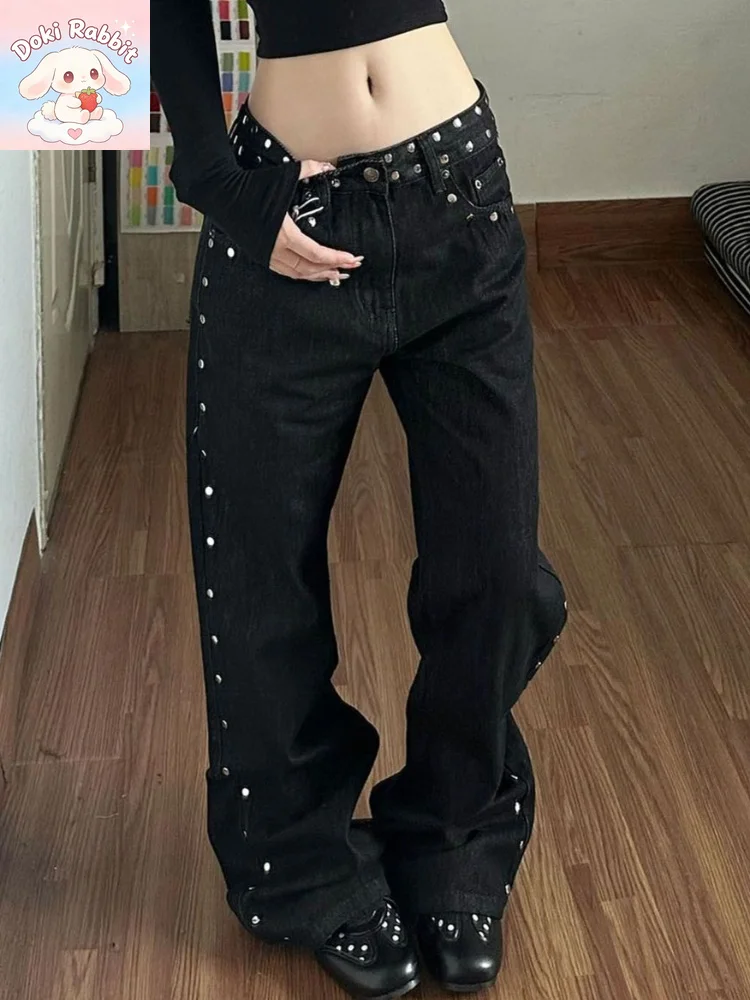 Autumn Winter Leopard-pattern Leather Patch Design Rivets Women's Jeans American Retro Slim Fit Korean Fashion Dark Y2k Clothes
