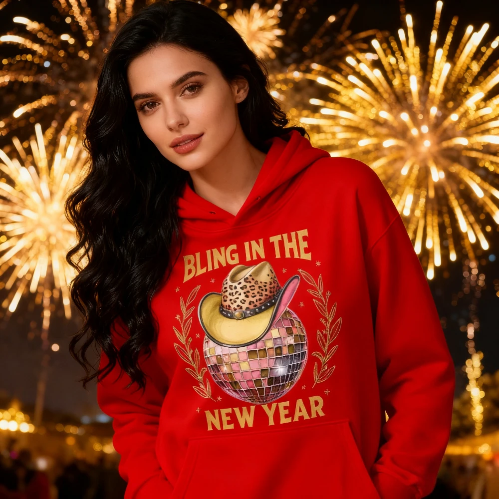 بلينغ في السنة الجديدة البلوز الوردي ديسكو الكرة السنة الجديدة هوديس الغربية راعية البقر قبعة هوديي المرأة موضة عطلة الشارع الشهير