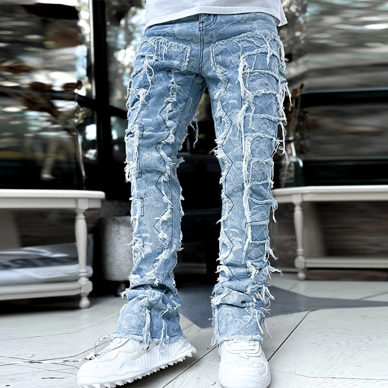 

Men's Skinny Denim Long Pants Fashion Y2K Patch Frayed Hem Jeans Spring Fall Casual Frayed Leggings Trousers with Pockets