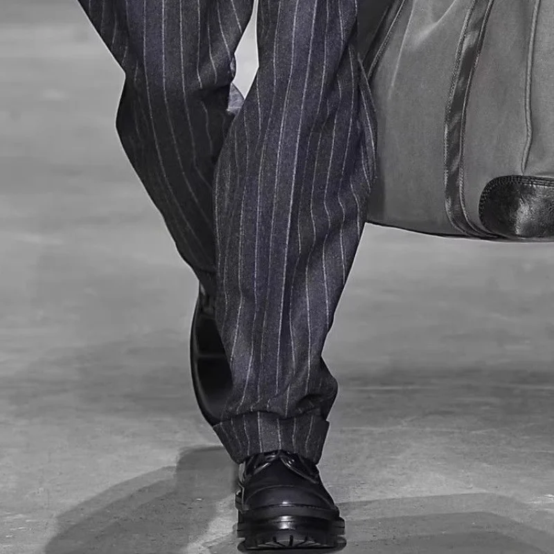 กางเกงขายาวลายทางตรงทรงหลวมแฟชั่นทวีดลำลองสำหรับผู้ชายฤดูใบไม้ร่วงฤดูหนาว