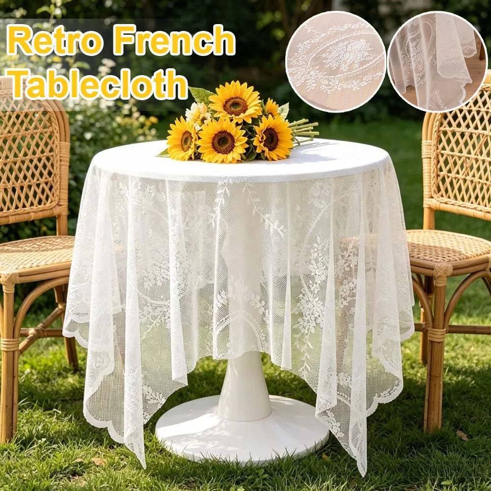 Elegant Retro French Hollow Out Lace Tablecloth Ins Sheer Floral Mesh Table Cover for Dining Table Living Room Desk Home Decor