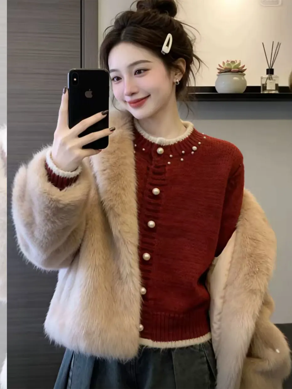 

Red Pearl Button Knitted Open Cardigan Sweater Women's Style 2026 New Autumn Winter New Year's Warrior Year Clothes