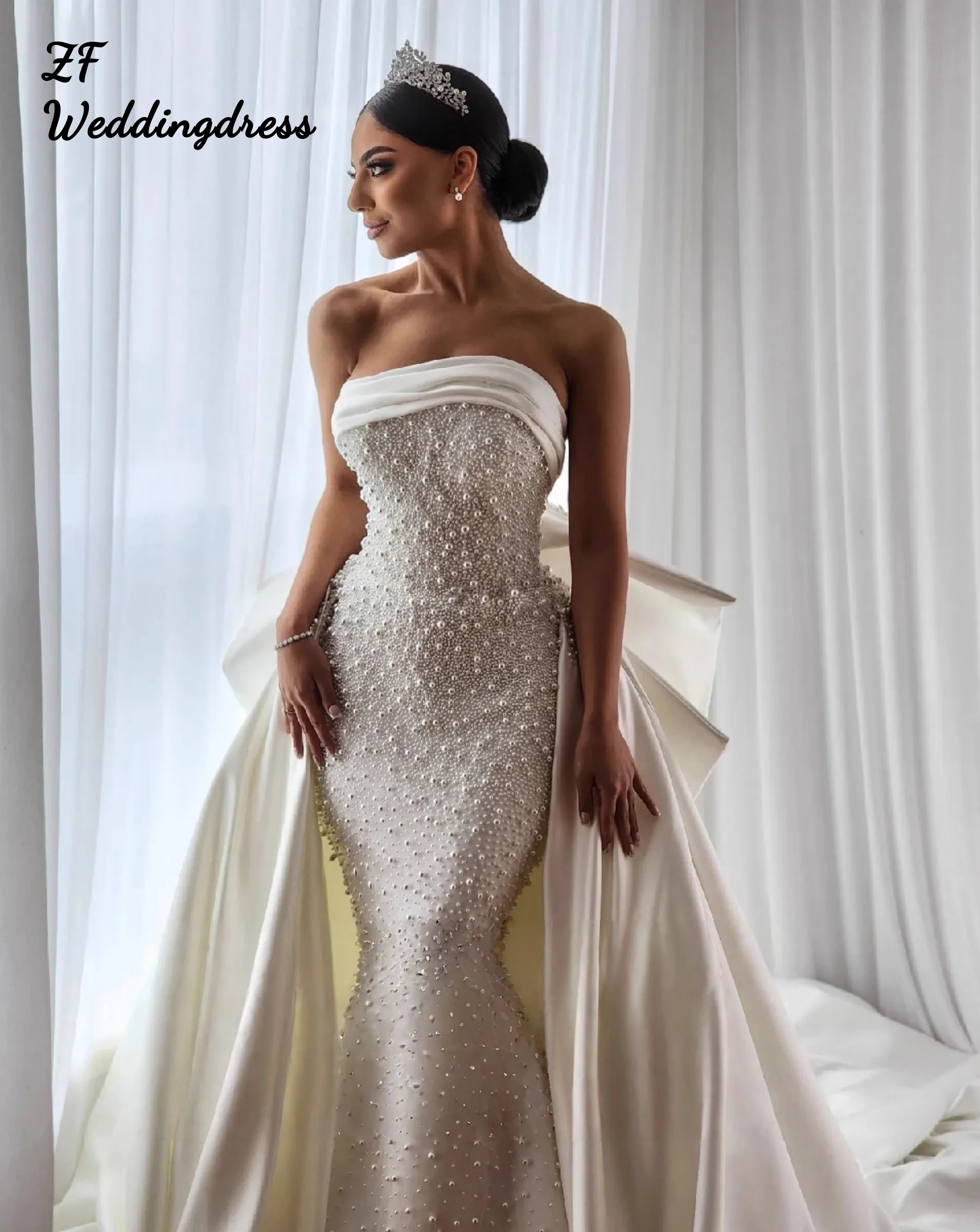 Customized wedding dress for brides, retro satin pearl strapless, fishtail, long trailing, detachable two-piece wedding evening