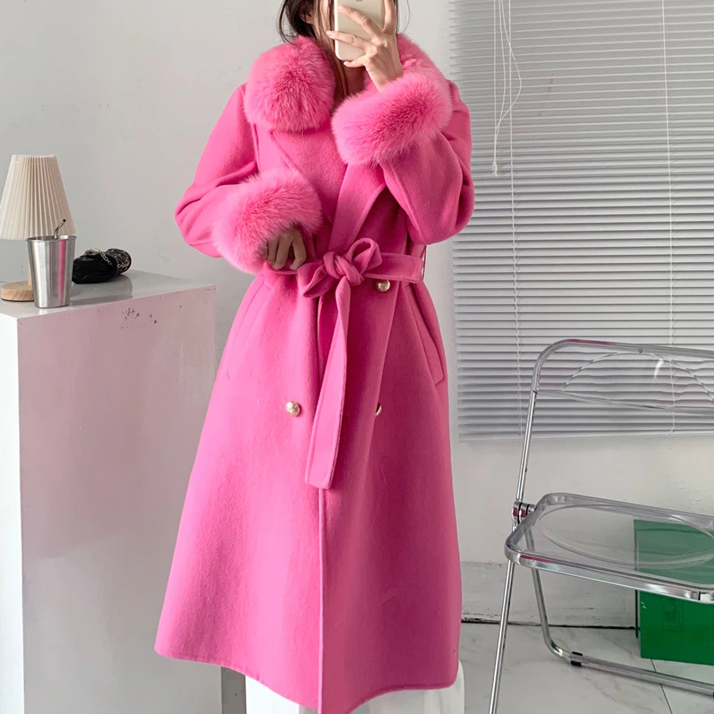 

Long Real Fur Coat for Women Natural Fox Fur Collar Cashmere Wool Blends Outerwear for Ladies Streetwear Winter New