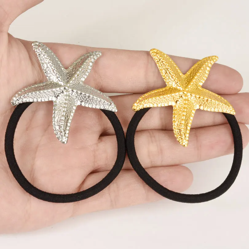 Fashion Stainless Steel Starfish Charm Black Hair Elastics & Ties Sea Animal Head Rope Accessories For Women Gril Beach Sunmmer