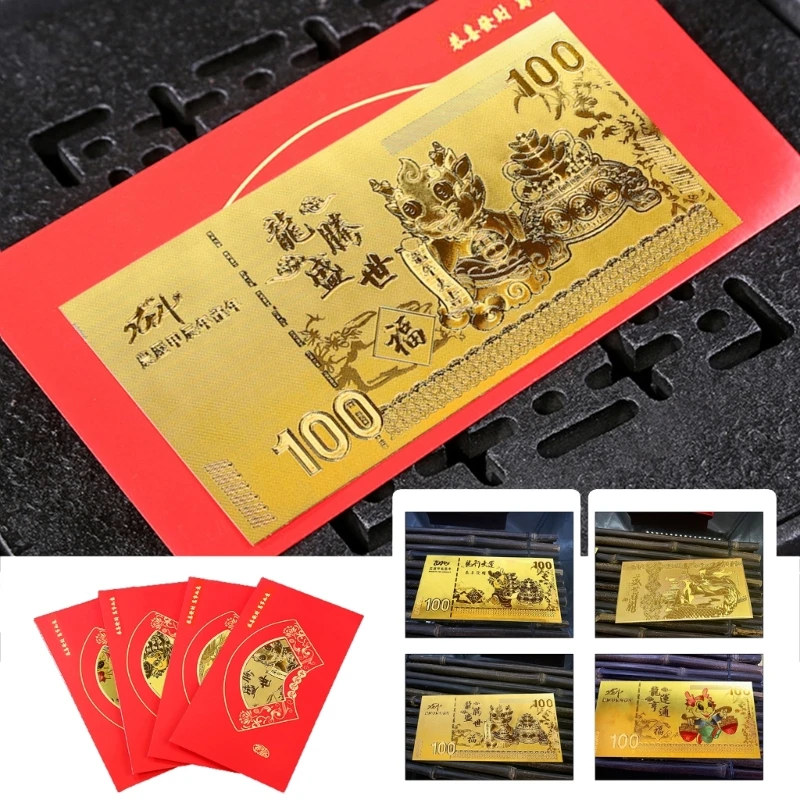 KX4B 4pcs 2024 Chinese New Year Of Dragon Golden Foil Coin Collection Envelope Hongbao Gift Wrap Bag Money Pockets