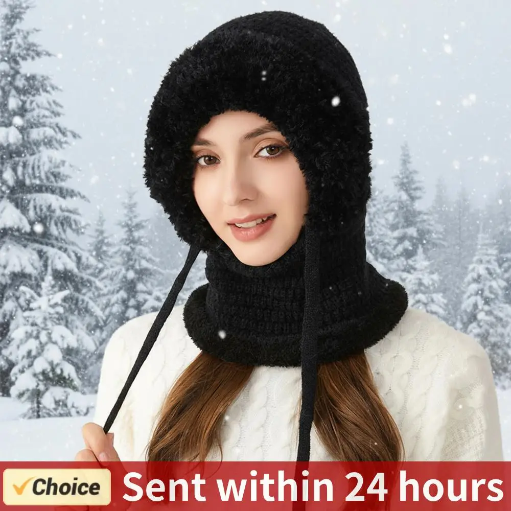 

Women 3 in 1 Hooded Skull Cap with Scarf and Mask Fleece Lined Knit Hat Set Warm Winter Knitted Hat