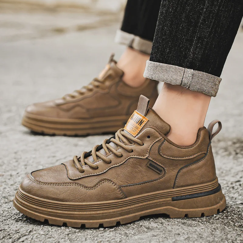 

Men's Low-Top Soft Leather Boots Spring 2025 Fashionable Casual Work Shoes Korean Style round Toe Breathable Rubber Sole