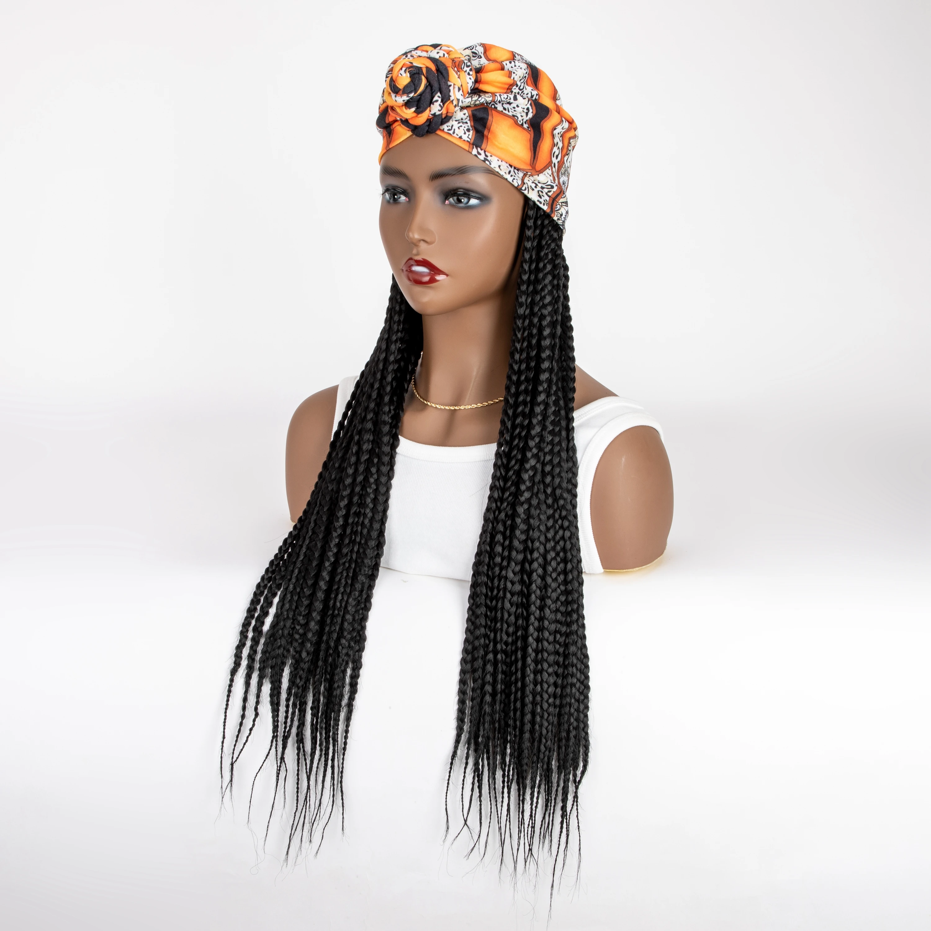 WIGERA Long Orange Headband Braided Synthetic Wig With Turban Hat Black Box Braiding Hair Extensions Head Scarf  Easy Hairstyle