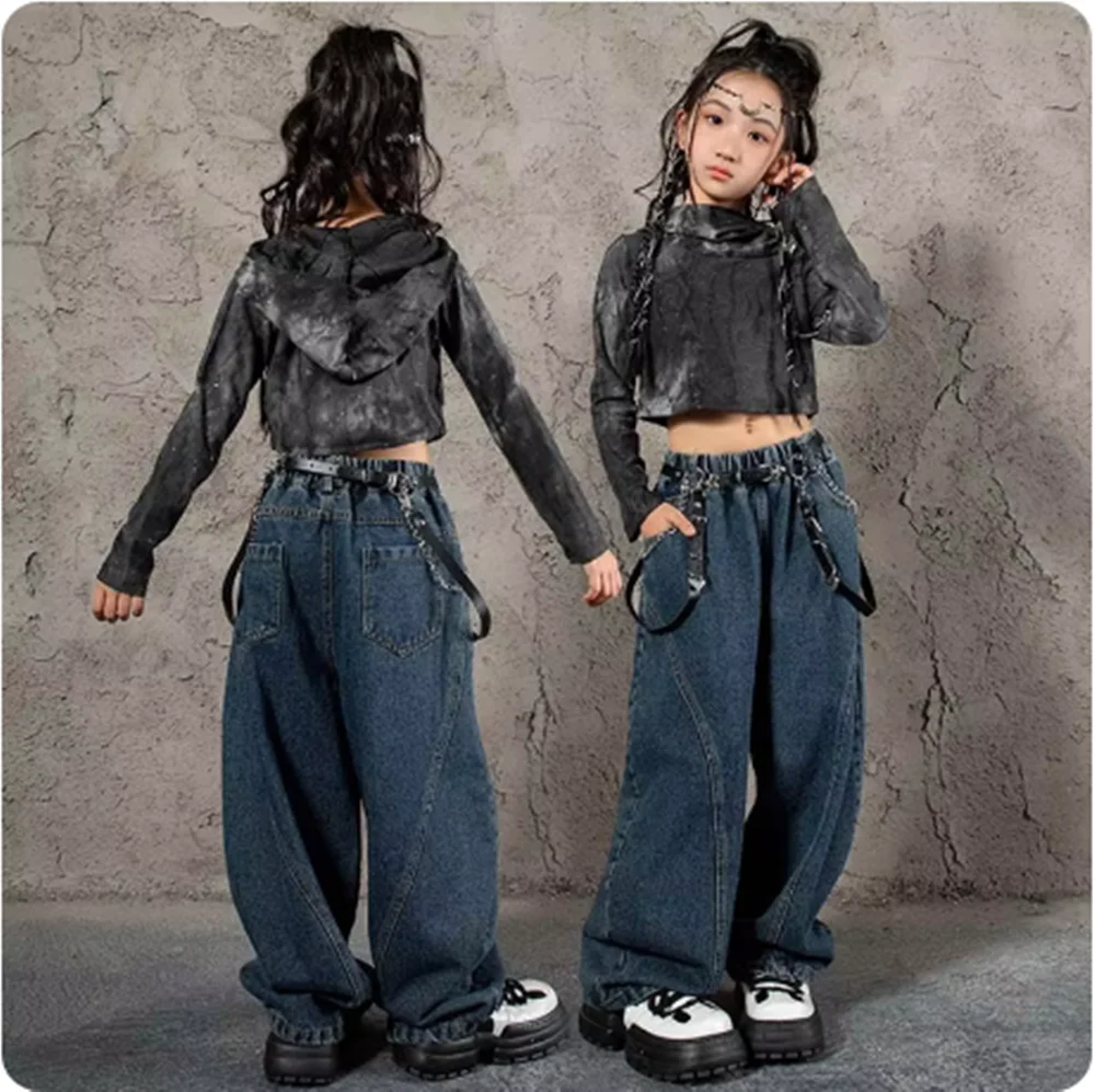 Kinder Jazz Dance Kostüm Grau Tops Lose Hosen Mädchen Kpop Bühne Outfit Kinder Hip Hop Kleidung Street Dance Bühne Kostüm yj114
