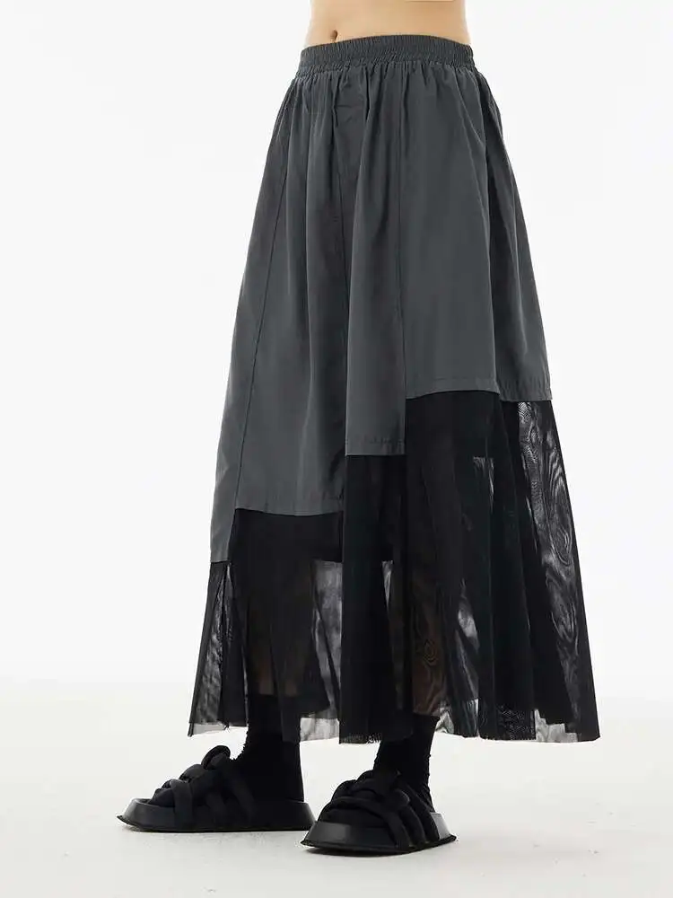 High Elastic Waist Gray Pocket Mesh Color-block A-line Half-body Skirt Women Fashion Tide New Spring Autumn
