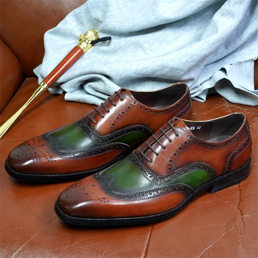 

Luxury Genuine Leather Dress Shoes for Men Classic Green Brogue Lace-up Shoes Office Oxford Shoes for Wedding Man