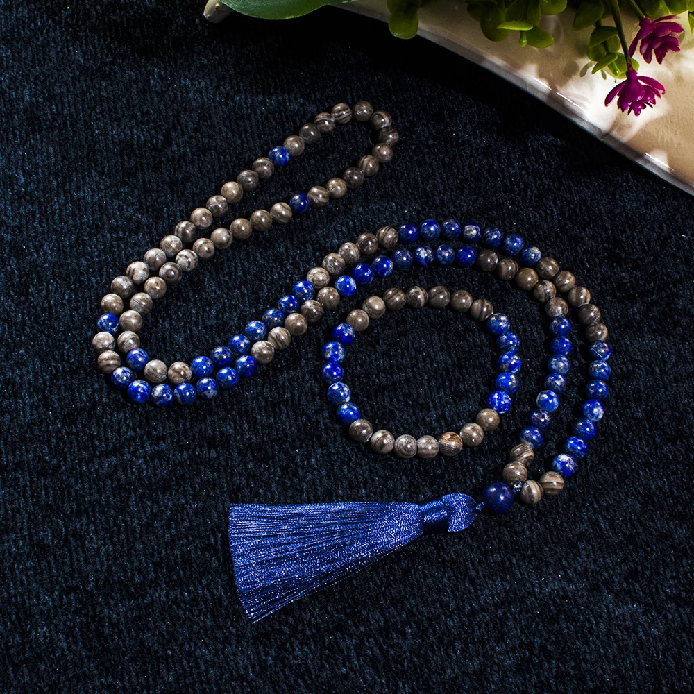 

8mm Natural Lapis Lazuli Wood Grain Stone Beads 108 Mala Prayer Necklace Meditation Yoga Jewelry Japamala Set for Men and Women