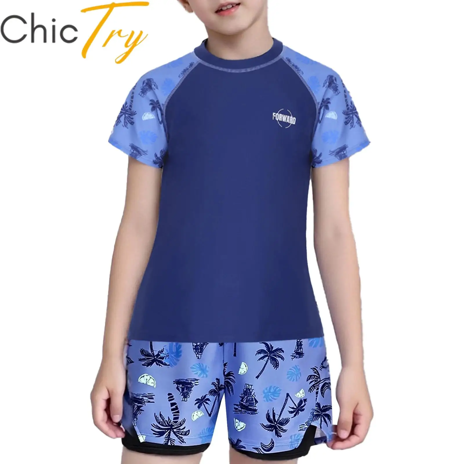 

Kids Boys 2-Piece Rash Guard Swimsuit Coconut Tree Printed Sun Protection Bathing Suit Swimwear Top with Shorts Beach Outfits
