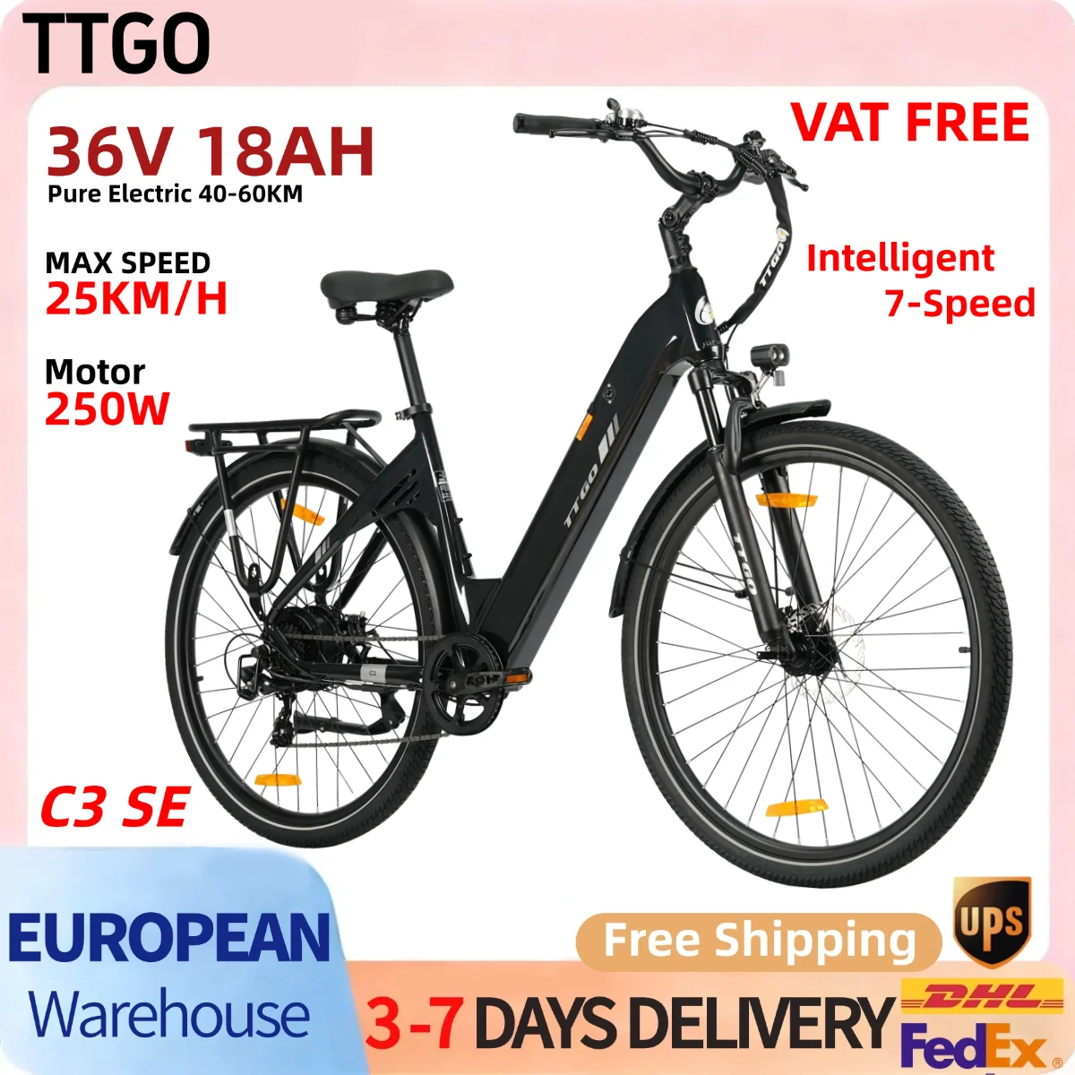 Vélo électrique TTGO C3 SE 36V 18AH pour adultes, 28'' 2.0 pouces, 7 vitesses, tout-terrain, batterie au lithium, moteur sans balais 250W, vélo de montagne, pour trajets quotidiens, sentiers de montagne, conduite hors route, utilisation urbaine, cadre en alliage d'aluminium léger.