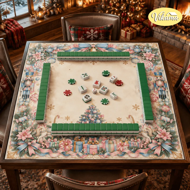 VIKAMA Christmas Tree Mahjong Table Mat Non Slip Waterproof Card Game Mat for Dining Room Family Game Night Holiday Home Decor