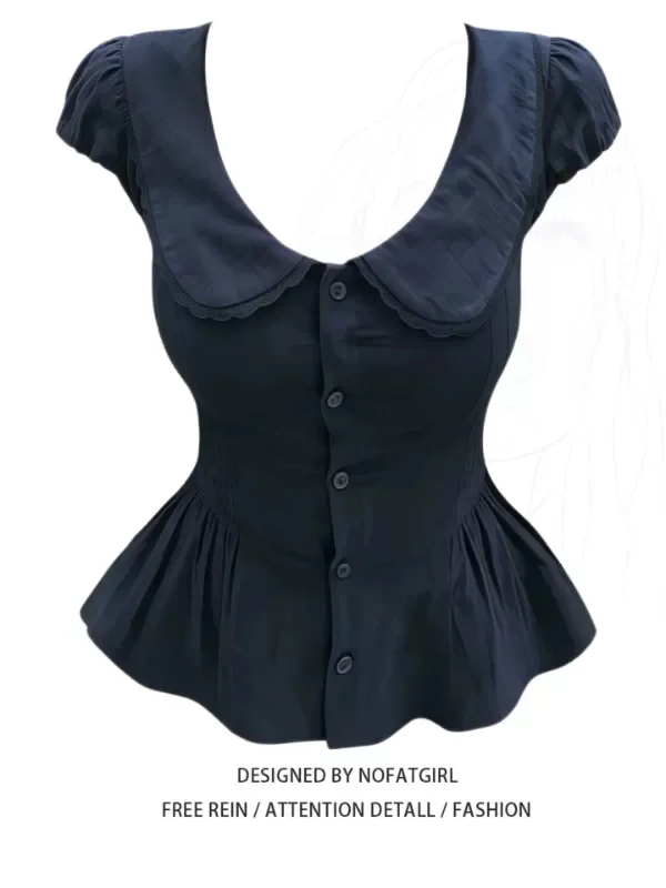

plus Size Women's Bubble Sleeve Shirt Waist Cinching Doll Collar Summer New Style Slimming Design Korean Style Commute Shirt