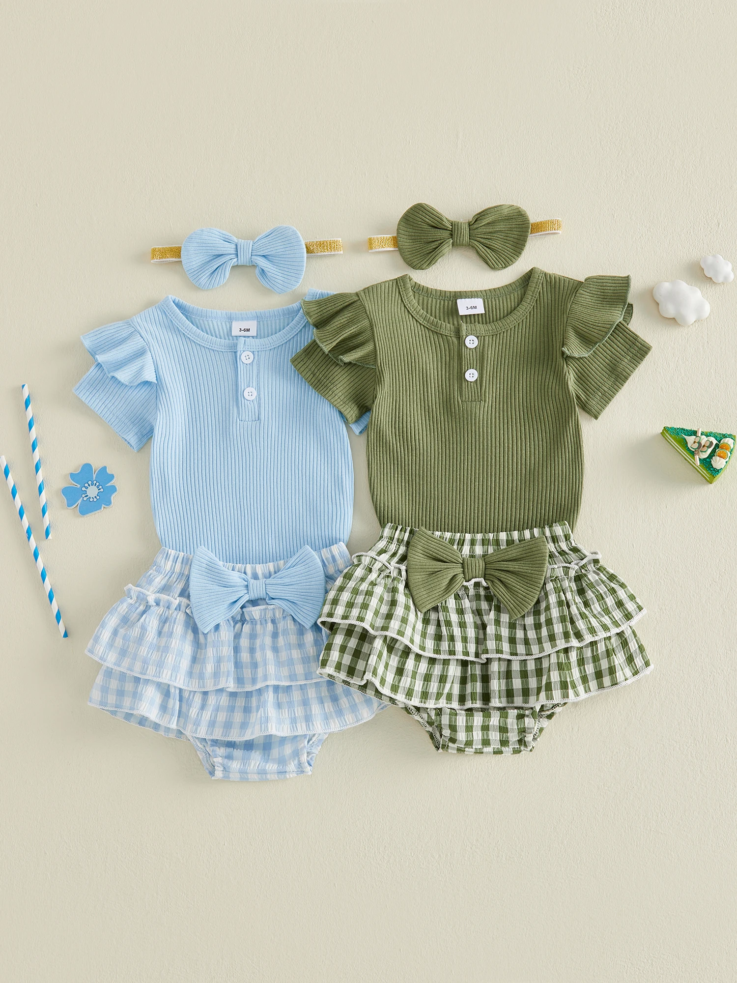 

Очаровательные летние наряды для маленьких девочек: трикотажный комбинезон в рубчик, шорты в клетку и подходящая повязка на голову - комплект из 3 предметов с эластичной резинкой на талии