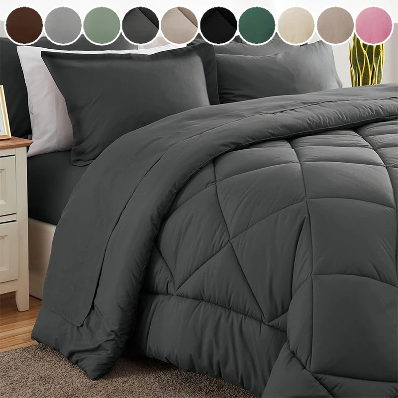 

Beige Grey Brushed Cotton Comforter Set 2/3PCS 229x229cm US Twin King Size Four Seasons Thin Quilt with Antibacterial Pillowcase