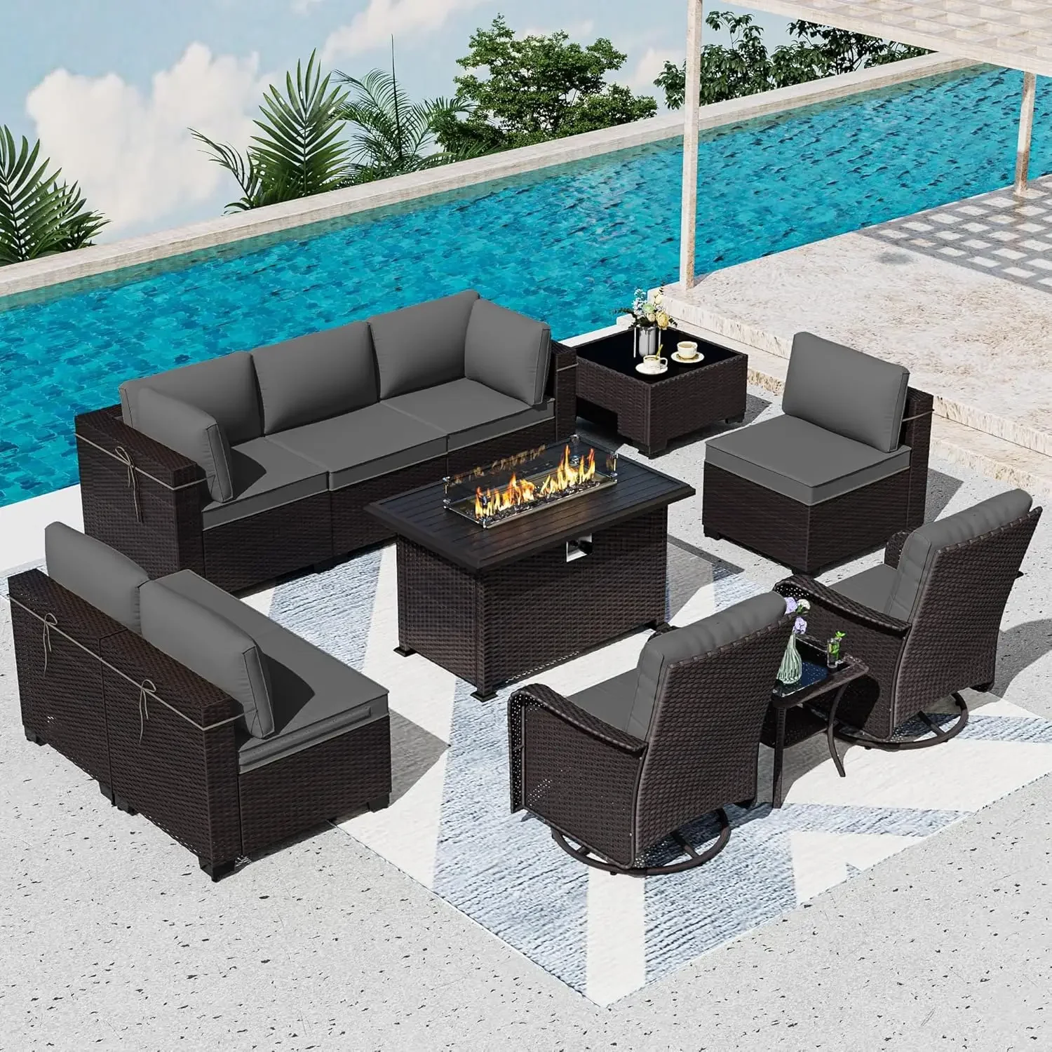 11 Pieces Patio Furniture Set with 2 Swivel Chairs Patio Furniture Outdoor Sectional Sofas with 55000 Gas Fire Pit Patio
