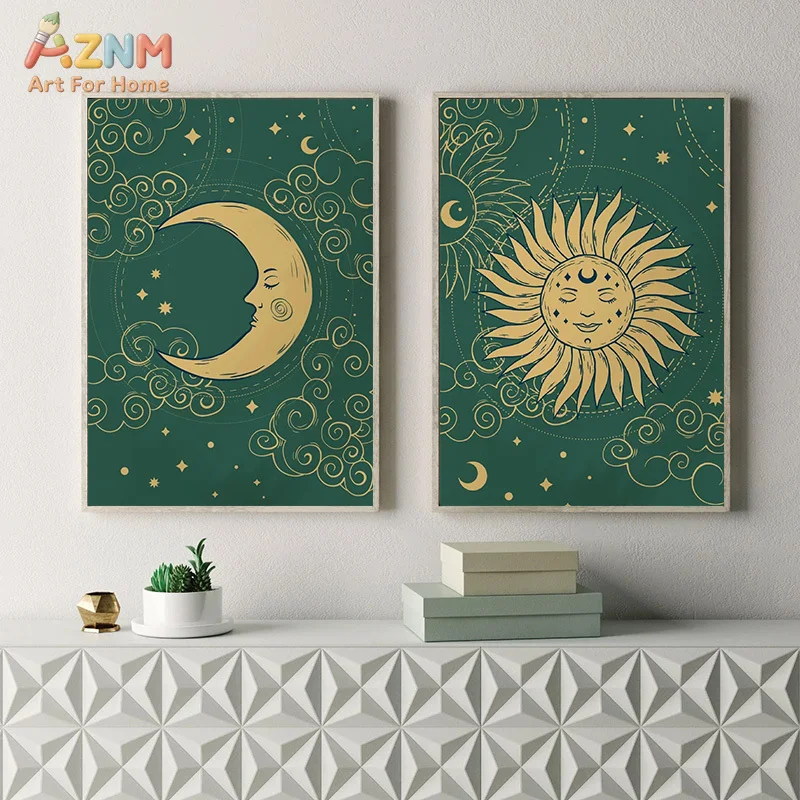 AZNM Emerald Green Golden Sun Moon Face Celestial Canvas Wall Art Mystic Boho Star Cloud Astrology Print Unframed Poster For Bed