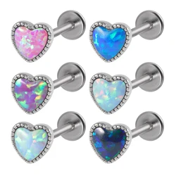 1PC Surgical Steel Heart Opal Lip Stud Labret Ring Fire Opal Ear Cartilage Tragus Helix Earrings Daith Piercing Body Jewelry 16g