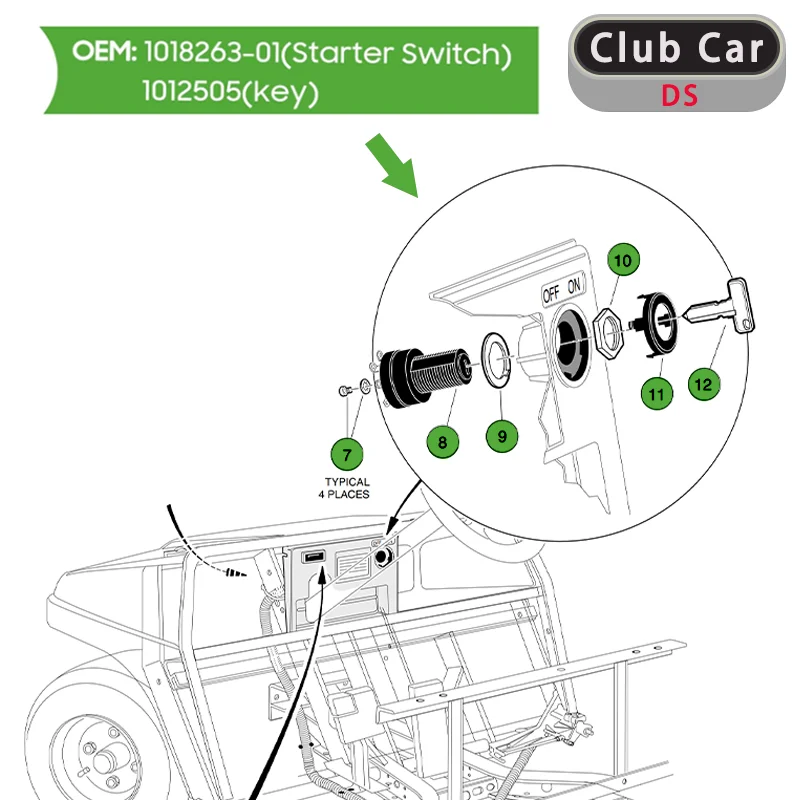 ClubCar DS 12V Ignition Switch Assembly 4 Terminal Key Start for Golf Cart Accessories OEM 101826301 1012505