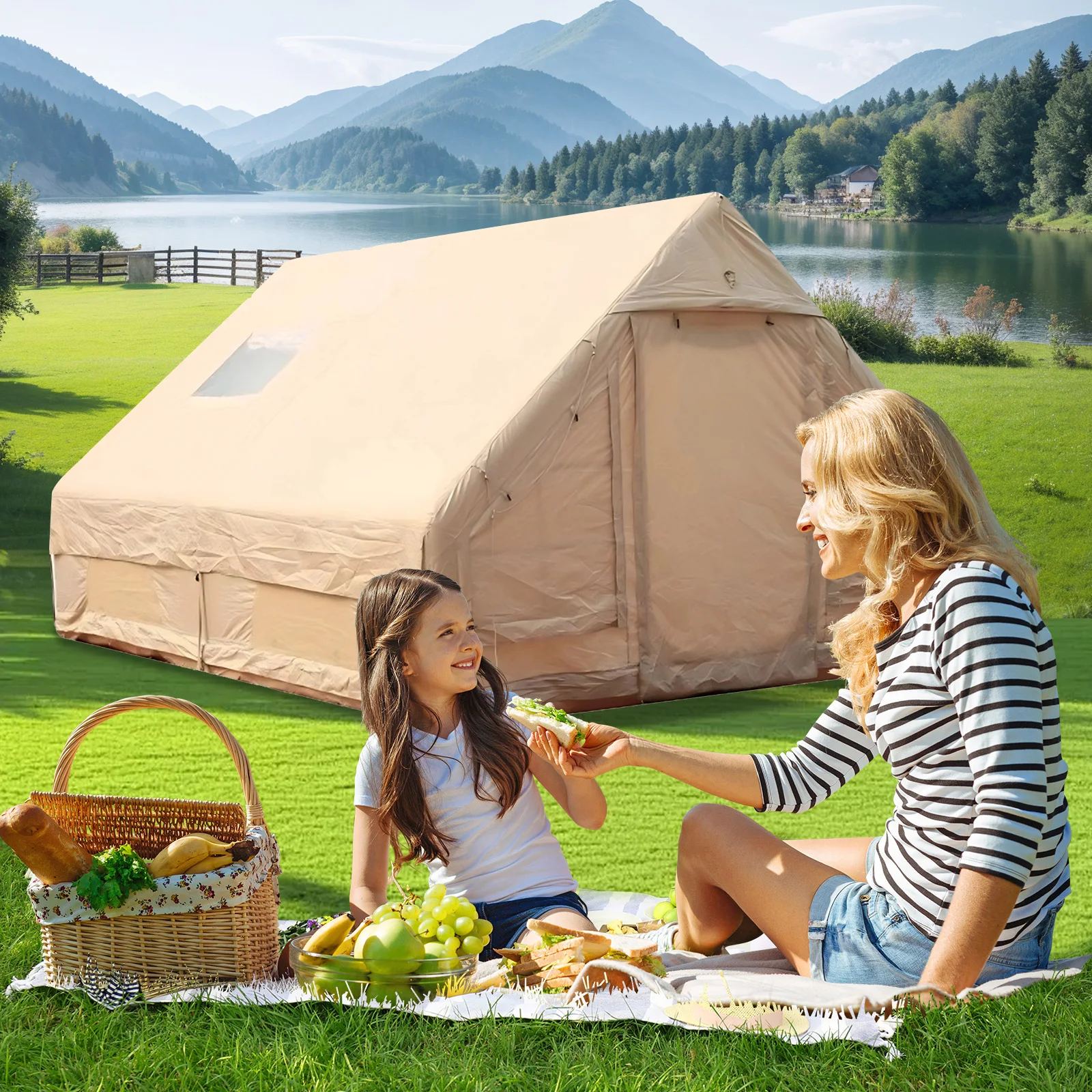 

Inflatable Camping Tent with Pump Easy Setup Waterproof Windproof Blow Up Tent for Outdoors