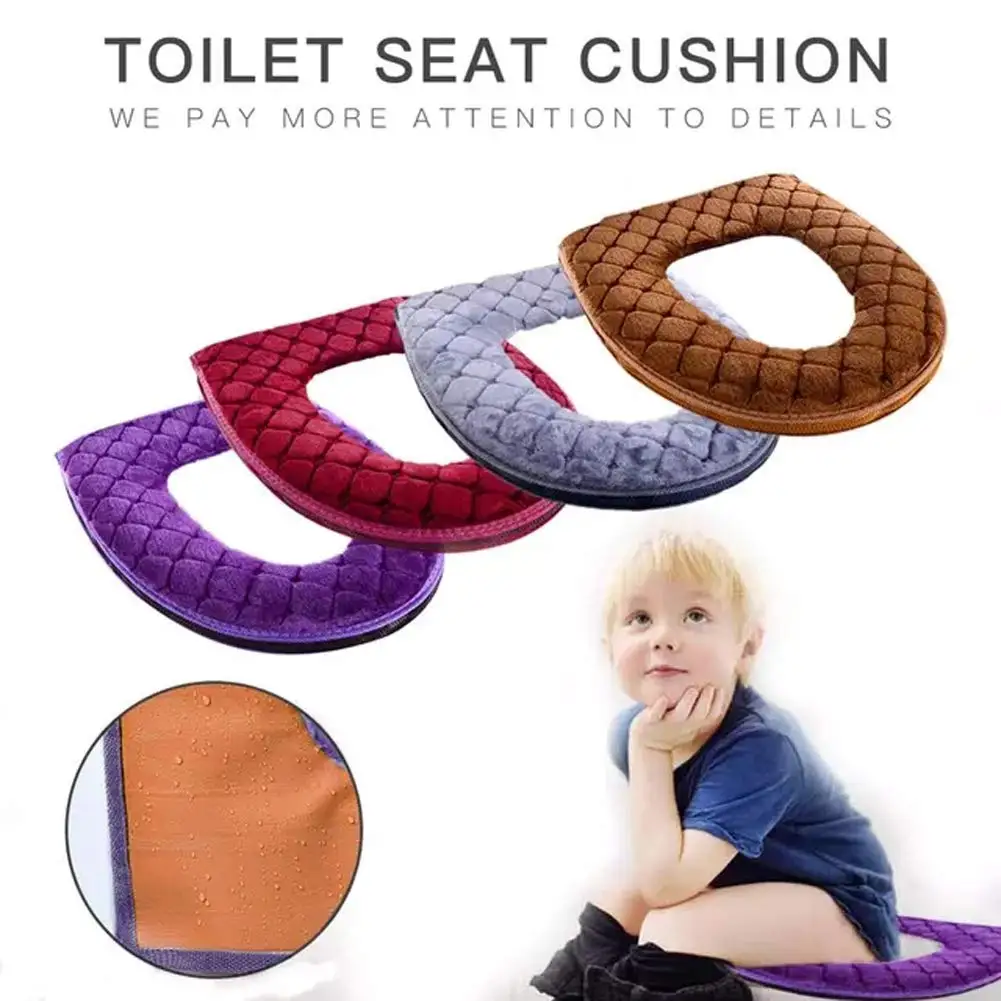 1pc Toilet Seat Cushion Velvet Warm Seat Cover Zipper Washable Household Toilet Seat Mat Bathroom Seat Case Toilet Lid Accessory