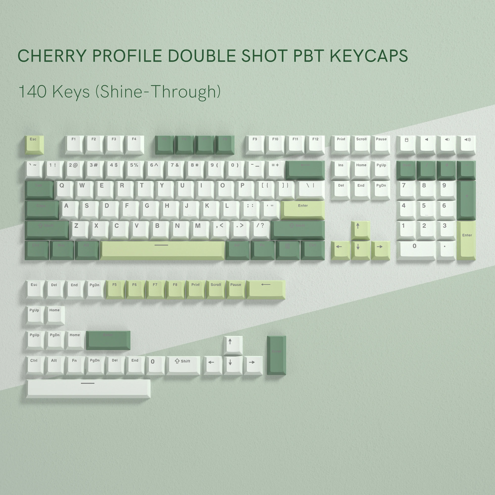 140 Keys Green White PBT Keycap RGB Shine Through Double Shot Keycaps Cherry Profile for MX Switches  Mechanical Gaming Keyboard