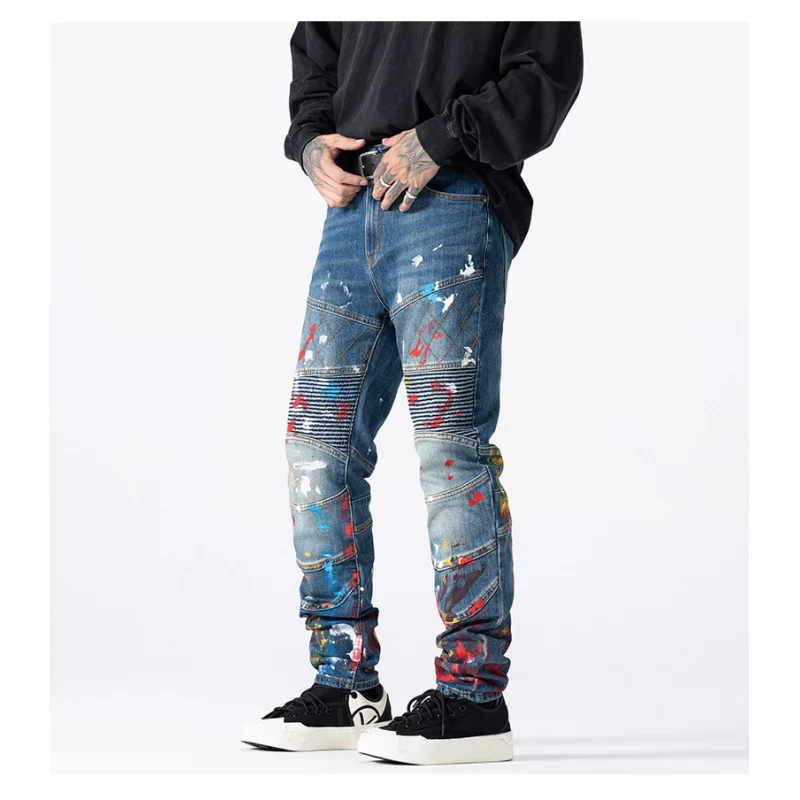 

Wrinkle splicing motorcycle pants men, 2025 new autumn fashion, fashionable high-end graffiti printed jeans